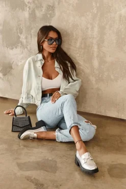 Discount Boto Damskie Skórzane Półbuty Na Masywnym Obcasie Srebrne Lemmitty Srebrny