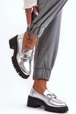 Discount Boto Damskie Skórzane Półbuty Na Masywnym Obcasie Srebrne Lemmitty Srebrny