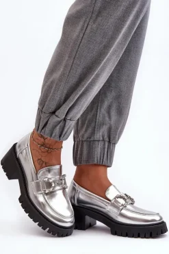 Discount Boto Damskie Skórzane Półbuty Na Masywnym Obcasie Srebrne Lemmitty Srebrny