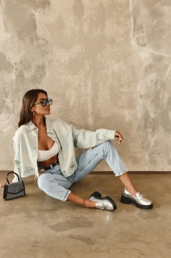 Discount Boto Damskie Skórzane Półbuty Na Masywnym Obcasie Srebrne Lemmitty Srebrny