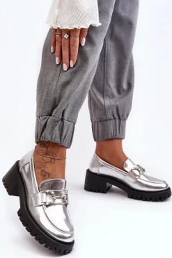 Discount Boto Damskie Skórzane Półbuty Na Masywnym Obcasie Srebrne Lemmitty Srebrny