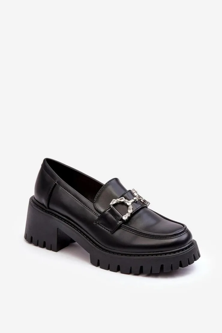 Boto Mokasyny Damskie Lakierowane*Damskie Skórzane Półbuty Na Masywnym Obcasie Czarne Lemmitty