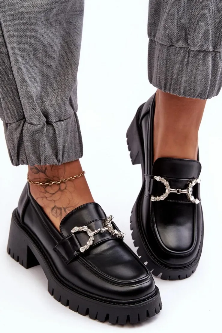 Boto Mokasyny Damskie Lakierowane*Damskie Skórzane Półbuty Na Masywnym Obcasie Czarne Lemmitty