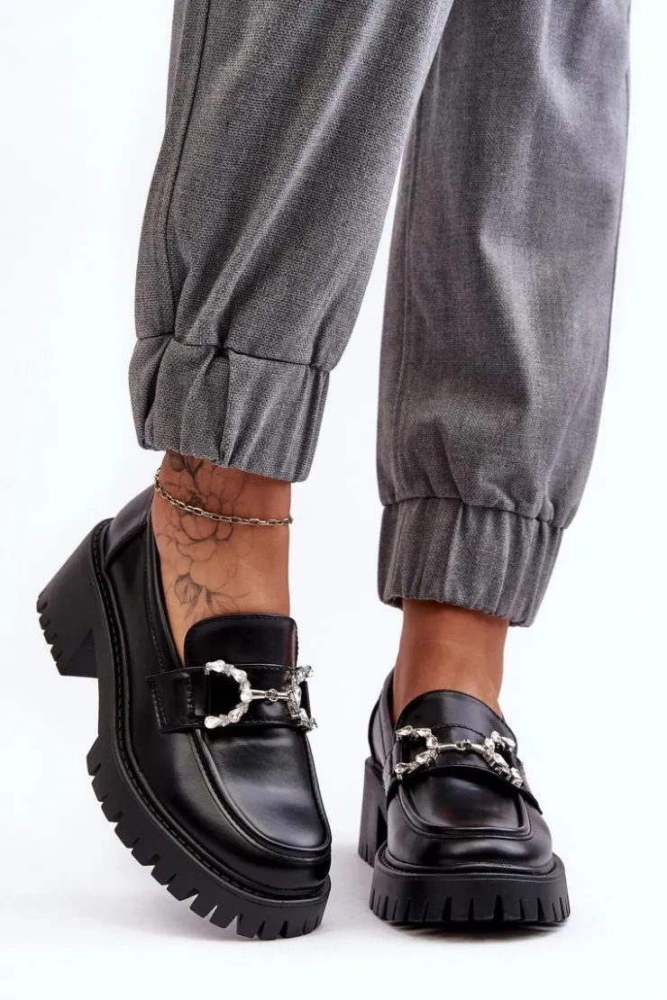 Boto Mokasyny Damskie Lakierowane*Damskie Skórzane Półbuty Na Masywnym Obcasie Czarne Lemmitty