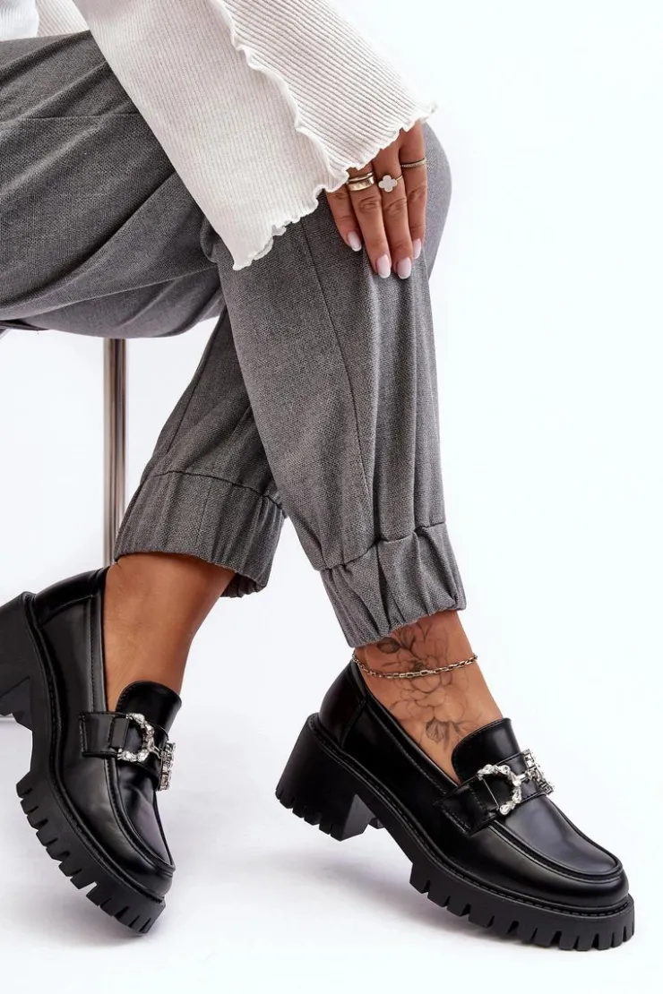 Boto Mokasyny Damskie Lakierowane*Damskie Skórzane Półbuty Na Masywnym Obcasie Czarne Lemmitty