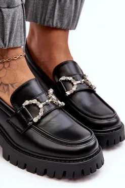 Boto Mokasyny Damskie Lakierowane*Damskie Skórzane Półbuty Na Masywnym Obcasie Czarne Lemmitty