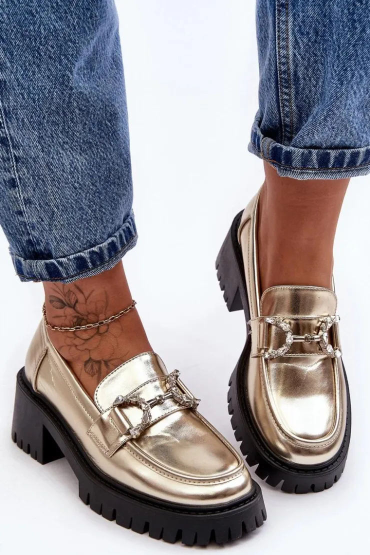 Damskie Boto Damskie Skórzane Półbuty Na Masywnym Obcasie Złote Lemmitty