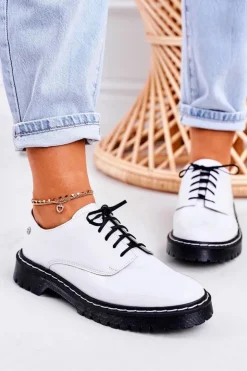 Damskie Maciejka Damskie Skórzane Półbuty Oxfordy 04087-11 Białe Lakierowane