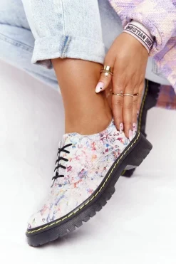 Damskie Maciejka Damskie Skórzane Półbuty Oxfordy 04087-38 Białe W Kwiaty