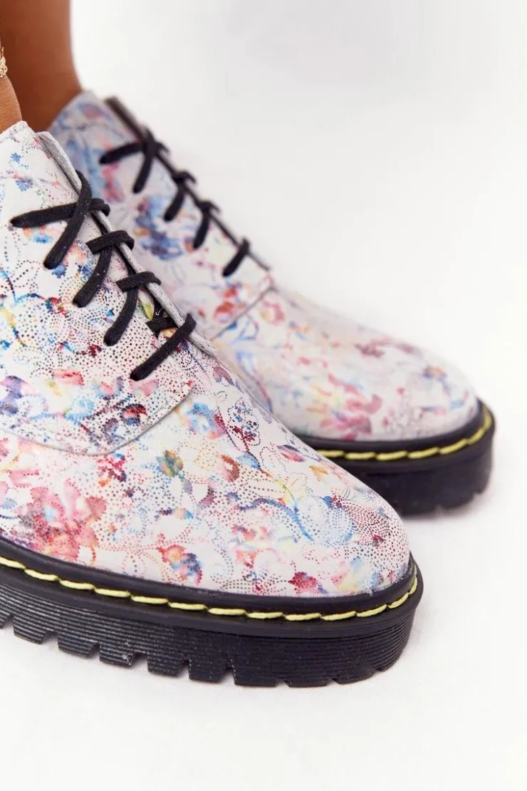 Damskie Maciejka Damskie Skórzane Półbuty Oxfordy 04087-38 Białe W Kwiaty