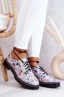 Damskie Maciejka Damskie Skórzane Półbuty Oxfordy 4087A-38 Białe W Kwiaty