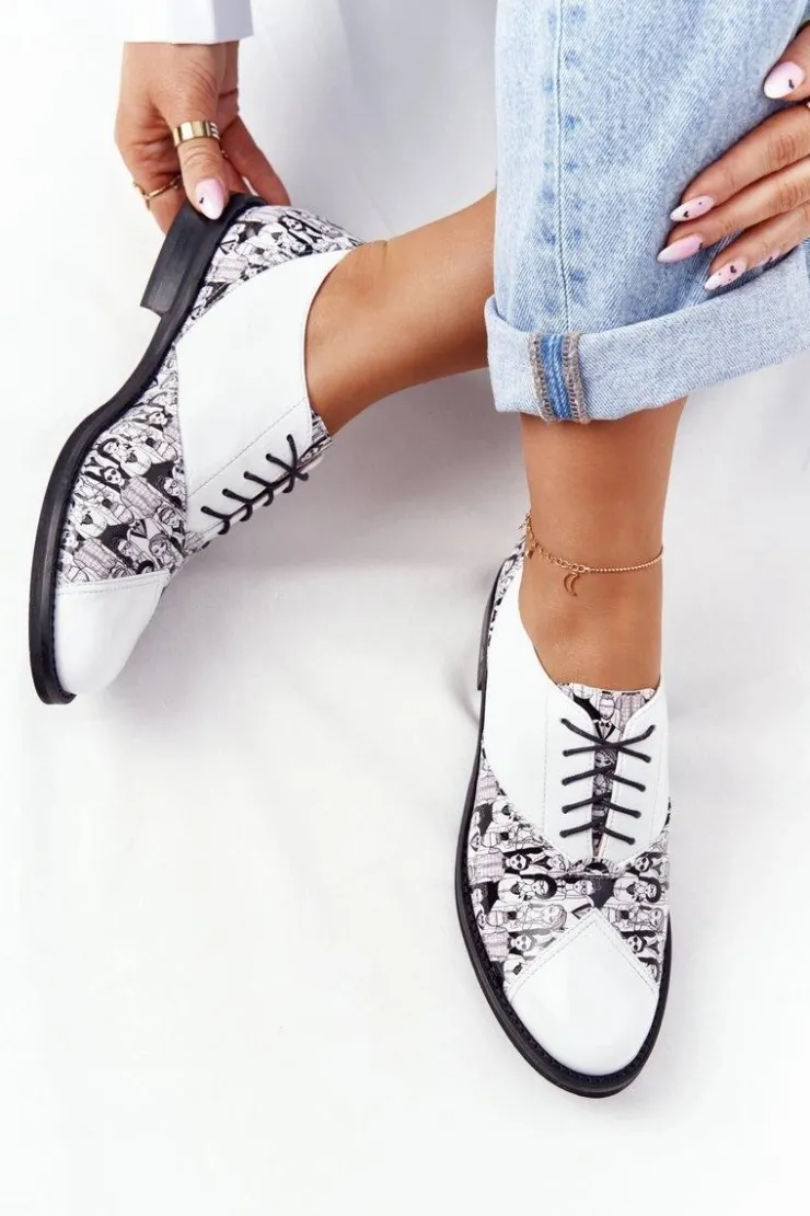 Online Boto Damskie Skórzane Półbuty Visconi 7439294 Biało-Czarne