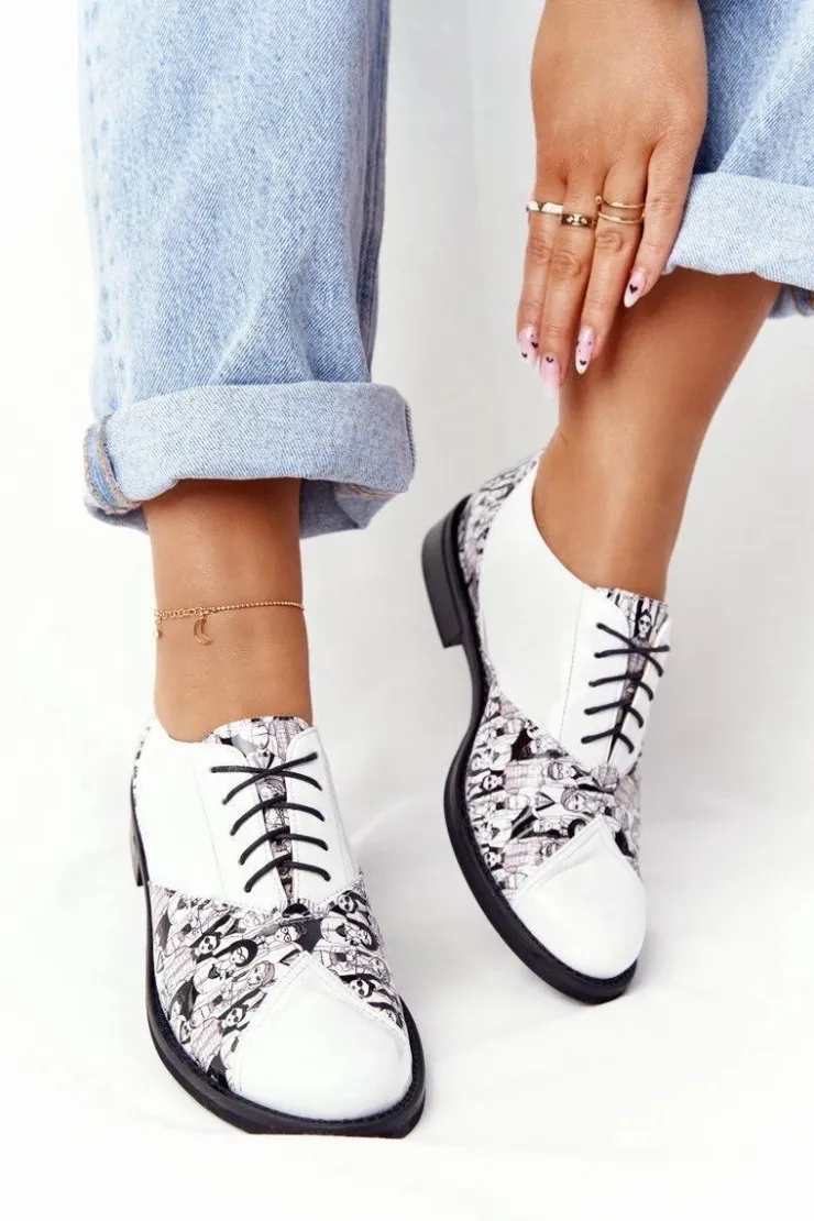 Online Boto Damskie Skórzane Półbuty Visconi 7439294 Biało-Czarne