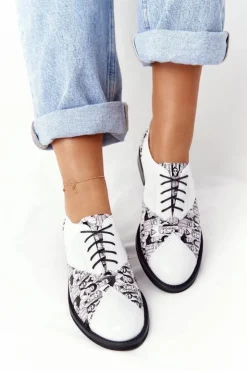 Online Boto Damskie Skórzane Półbuty Visconi 7439294 Biało-Czarne