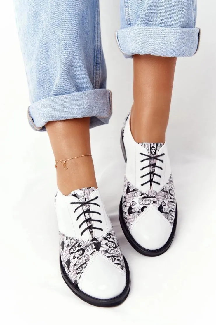 Online Boto Damskie Skórzane Półbuty Visconi 7439294 Biało-Czarne