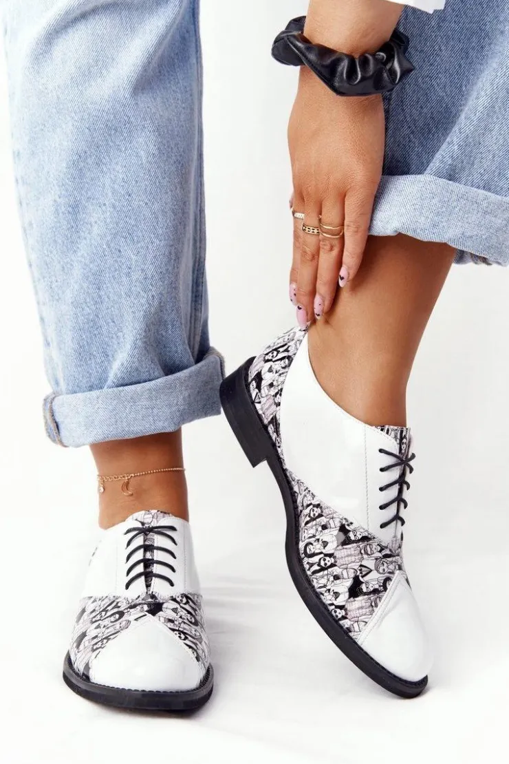 Online Boto Damskie Skórzane Półbuty Visconi 7439294 Biało-Czarne