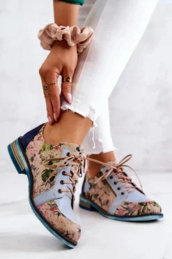 Damskie Maciejka Damskie Skórzane Półbuty W Kwiaty 5096A-34 Niebieskie