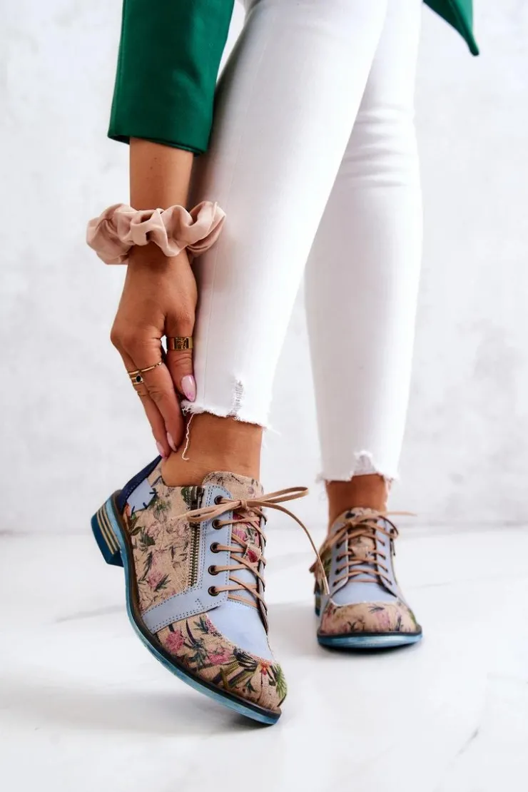 Damskie Maciejka Damskie Skórzane Półbuty W Kwiaty 5096A-34 Niebieskie