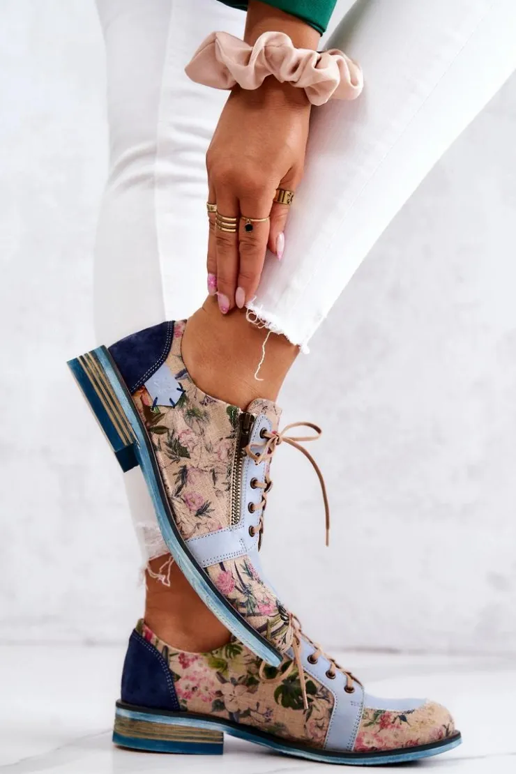 Damskie Maciejka Damskie Skórzane Półbuty W Kwiaty 5096A-34 Niebieskie