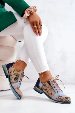 Damskie Maciejka Damskie Skórzane Półbuty W Kwiaty 5096A-34 Niebieskie