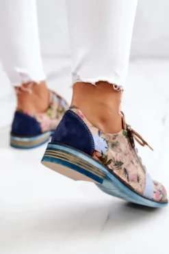 Damskie Maciejka Damskie Skórzane Półbuty W Kwiaty 5096A-34 Niebieskie