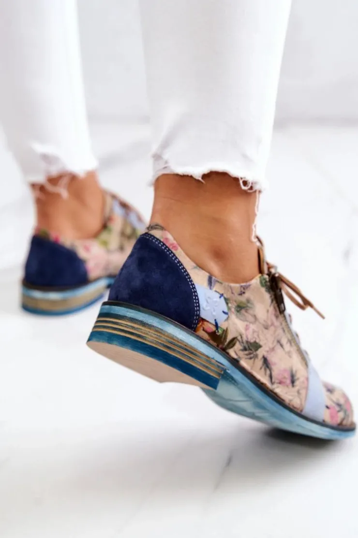 Damskie Maciejka Damskie Skórzane Półbuty W Kwiaty 5096A-34 Niebieskie