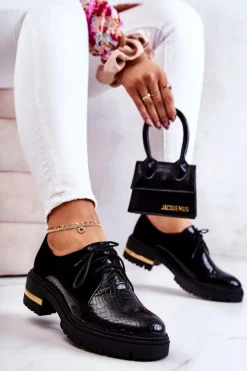 Boto Półbuty Skórzane*Damskie Skórzane Półbuty Wiązane Czarne Merevin