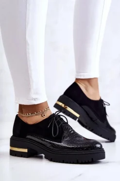 Boto Półbuty Skórzane*Damskie Skórzane Półbuty Wiązane Czarne Merevin