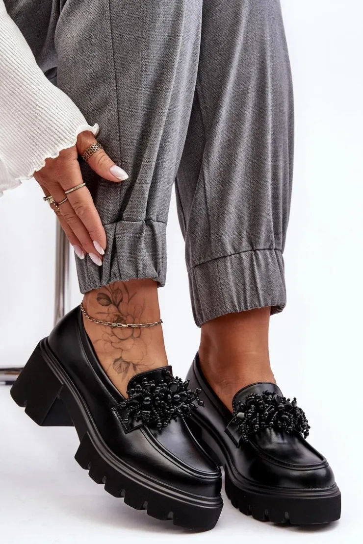 Damskie Boto Damskie Skórzane Półbuty Z Ozdobą Czarne Renesma