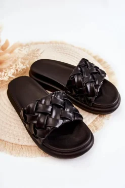 Boto Klapki Damskie Klasyczne*Damskie Skórzane Plecione Klapki Czarne Ravella