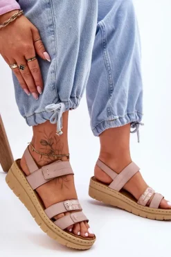 Buty damskie Vinceza Sandały Na Koturnie*Damskie Skórzane Sandałki Na Rzep Różowe Fresh Look Różowy