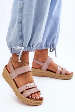 Buty damskie Vinceza Sandały Na Koturnie*Damskie Skórzane Sandałki Na Rzep Różowe Fresh Look Różowy