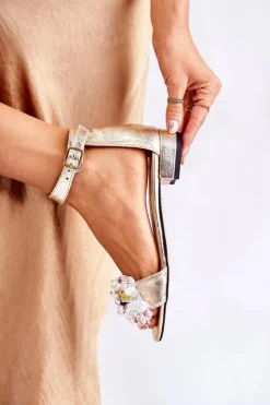 Boto Sandały Na Obcasie*Damskie Skórzane Sandałki Na Płaskim Obcasie Złote Morlee