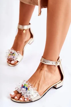 Boto Sandały Na Obcasie*Damskie Skórzane Sandałki Na Płaskim Obcasie Złote Morlee