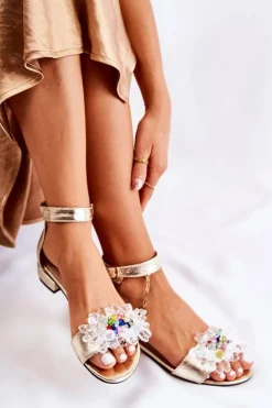 Boto Sandały Na Obcasie*Damskie Skórzane Sandałki Na Płaskim Obcasie Złote Morlee