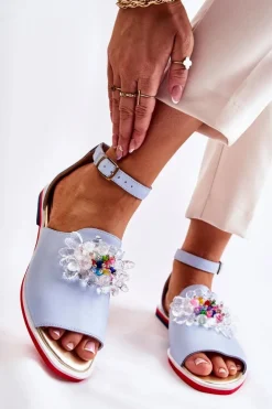 Damskie Boto Damskie Skórzane Sandałki Z Ozdobą Niebieskie Nevassa