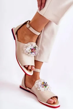 Damskie Boto Damskie Skórzane Sandałki Z Ozdobą Beżowe Nevassa