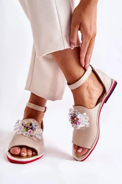 Damskie Boto Damskie Skórzane Sandałki Z Ozdobą Beżowe Nevassa