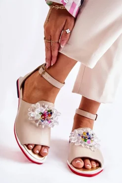 Damskie Boto Damskie Skórzane Sandałki Z Ozdobą Beżowe Nevassa