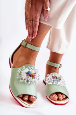 Boto Sandały Płaskie*Damskie Skórzane Sandałki Z Ozdobą Zielone Nevassa Zielony