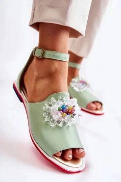 Boto Sandały Płaskie*Damskie Skórzane Sandałki Z Ozdobą Zielone Nevassa Zielony