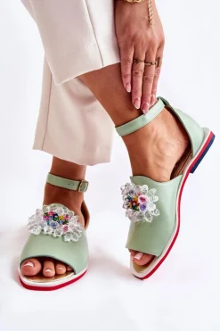 Boto Sandały Płaskie*Damskie Skórzane Sandałki Z Ozdobą Zielone Nevassa Zielony