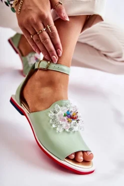 Boto Sandały Płaskie*Damskie Skórzane Sandałki Z Ozdobą Zielone Nevassa Zielony