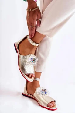 Boto Sandały Płaskie*Damskie Skórzane Sandałki Z Ozdobą Złote Nevassa