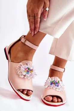 Sale Boto Damskie Skórzane Sandałki Z Ozdobą Jasnoróżowe Nevassa