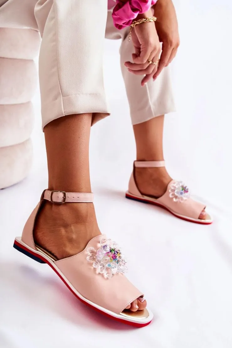 Sale Boto Damskie Skórzane Sandałki Z Ozdobą Jasnoróżowe Nevassa