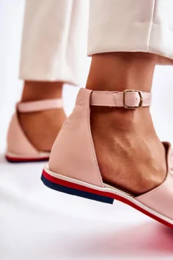 Sale Boto Damskie Skórzane Sandałki Z Ozdobą Jasnoróżowe Nevassa