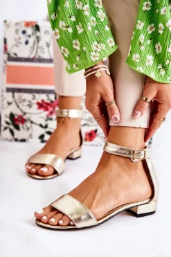 Boto Sandały Na Obcasie*Damskie Skórzane Sandałki Złote Shanley