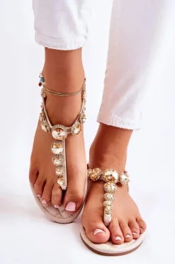 Clearance Boto Damskie Skórzane Sandały Japonki Z Ozdobnym Paskiem Beżowe Juliana