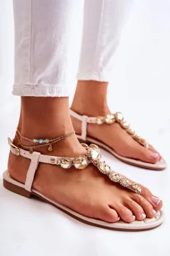 Clearance Boto Damskie Skórzane Sandały Japonki Z Ozdobnym Paskiem Beżowe Juliana